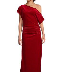 NWT Gibson & Latimer Off-the-Shoulder Short Sleeve Ruched Midi Velvet Knit Dress